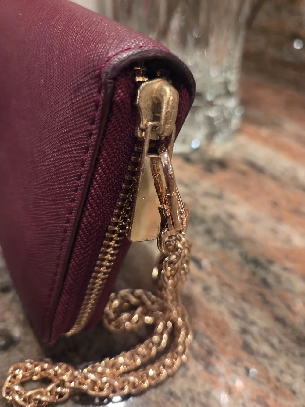 Tory Burch Burgundy Saffiano Leather Wristlet with Gold Chain